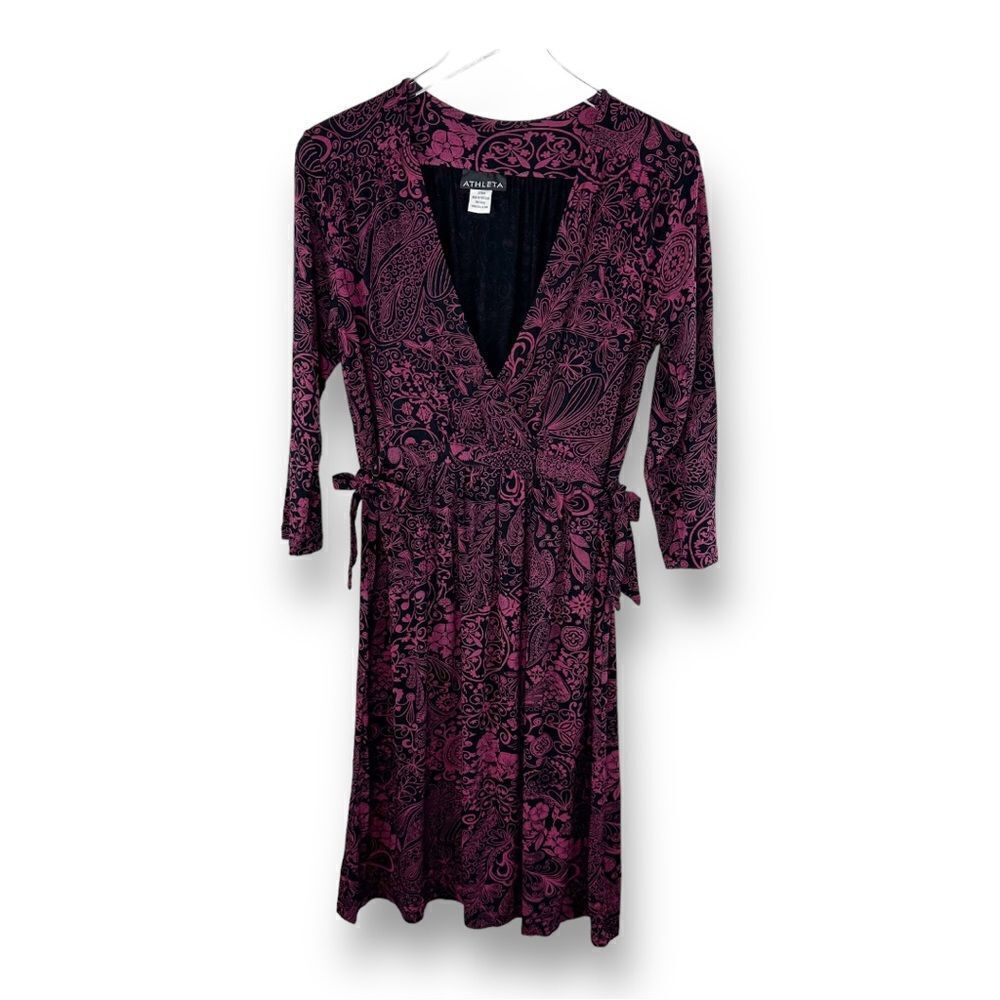 Athleta M Med Faux Wrap Dress Stretchy Wine & Black‎ Print 3/4 Sleeve